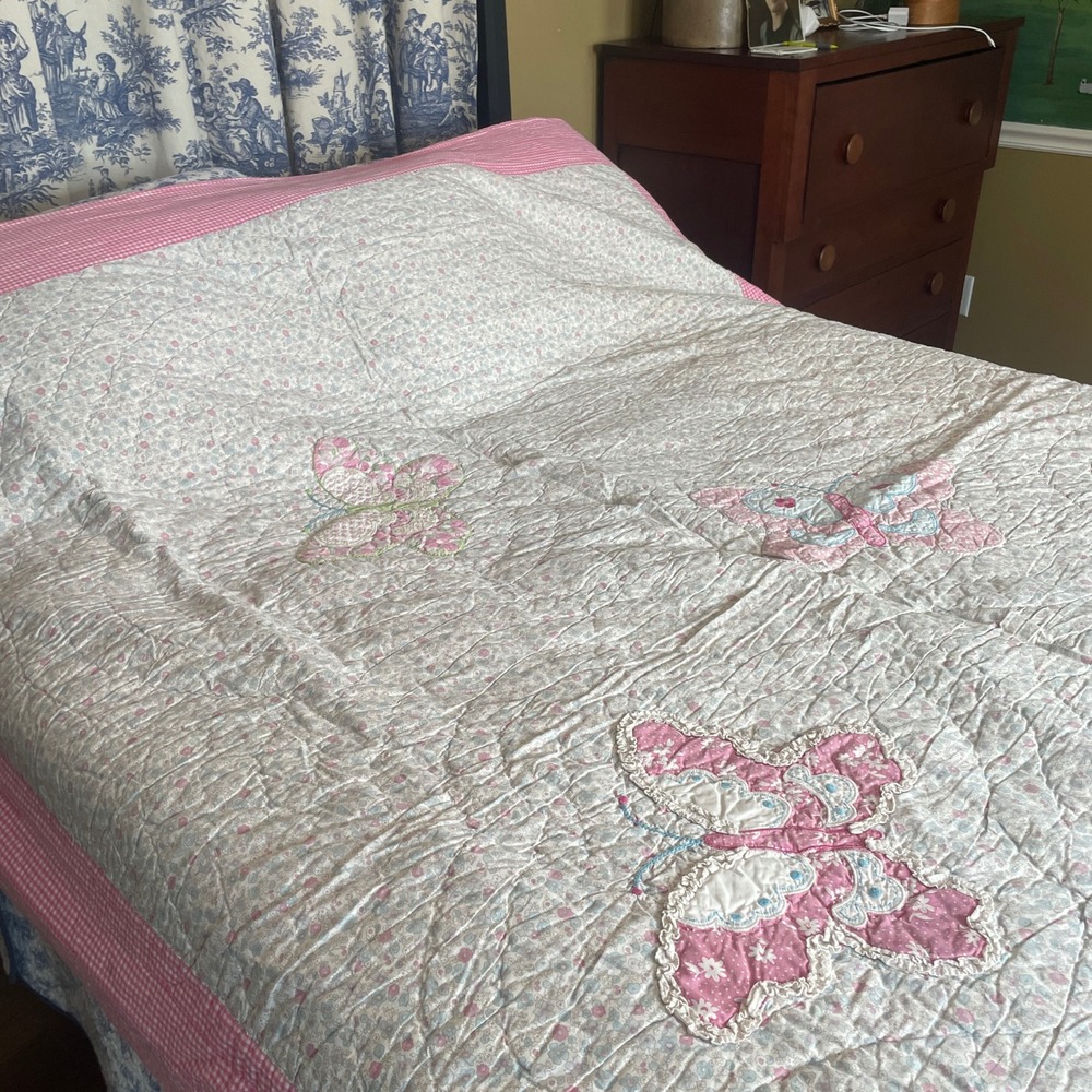 Pottery Barn Kids Butterfly Twin Quilt Bedspread Pink Gingham Floral Cottagecore